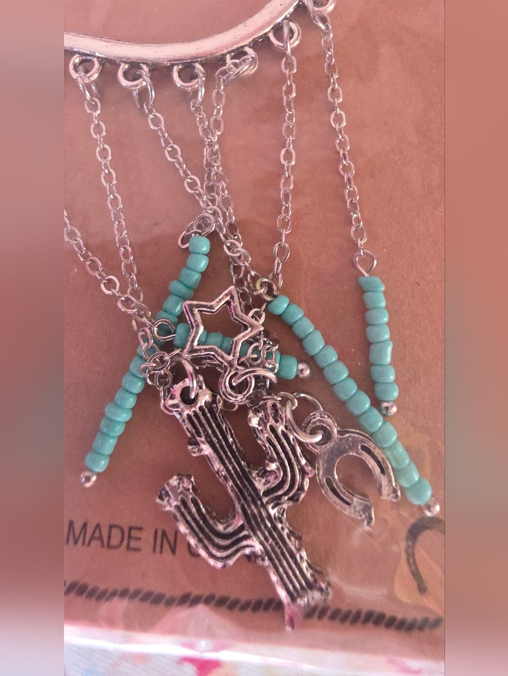 Turquoise Bead Southwestern Charm Ear cuff with Cactus Pendant